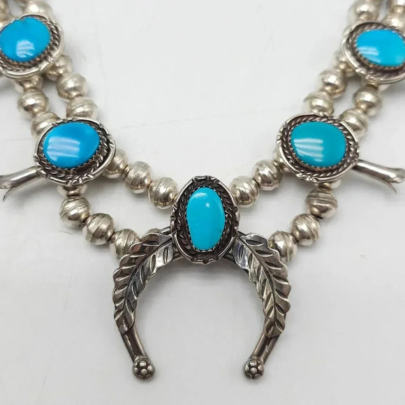 Vintage Navajo Sterling Silver Sleeping Beauty Turquoise Squash Blossom Necklace - Picture 2 of 8